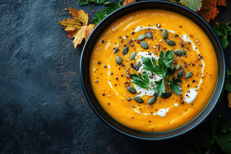 Pumpkin soup with cream, seeds, crackers and cinnamon. Autumn decor on table, orange squash in background. Healthy Halloween food. Top view with copy space.の素材