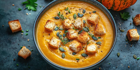 Pumpkin soup with cream, seeds, crackers and cinnamon. Autumn decor on table, orange squash in background. Healthy Halloween food.の素材