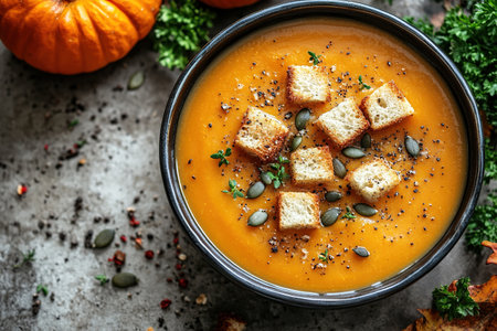 Pumpkin soup with cream, seeds, crackers and cinnamon. Autumn decor on table, orange squash in background. Healthy Halloween food.の素材