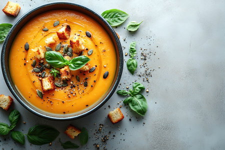 Pumpkin soup with cream, seeds, crackers and cinnamon. Autumn decor on table, orange squash in background. Healthy Halloween food. Top view with copy space.の素材