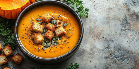 Pumpkin soup with cream, seeds, crackers and cinnamon. Autumn decor on table, orange squash in background. Healthy Halloween food. Top view with copy space.の素材