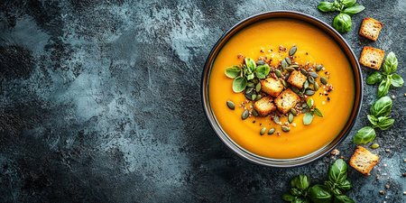 Pumpkin soup with cream, seeds, crackers and cinnamon. Autumn decor on table, orange squash in background. Healthy Halloween food. Top view with copy space.の素材