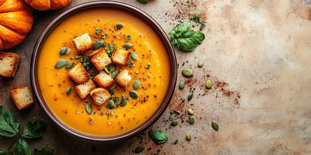 Pumpkin soup with cream, seeds, crackers and cinnamon. Autumn decor on table, orange squash in background. Healthy Halloween food. Top view with copy space.の素材