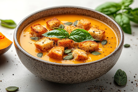 Pumpkin soup with cream, seeds, crackers and cinnamon. Autumn decor on table, orange squash in background. Healthy Halloween food.の素材