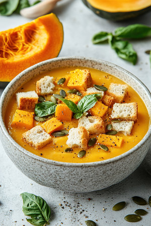 Pumpkin soup with cream, seeds, crackers and cinnamon. Autumn decor on table, orange squash in background. Healthy Halloween food.の素材