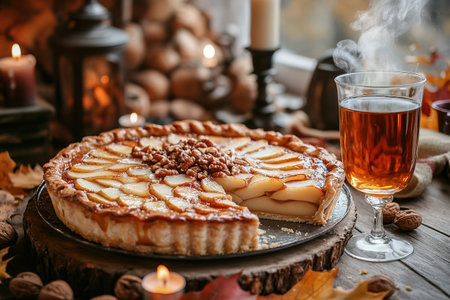 Apple pie decorated with lattice overhead shot, fall baking concept.の素材