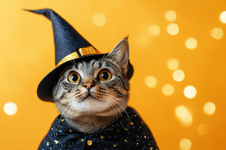 A cute cat in a Halloween costume in the studio on a bright orange background. The cat depicts a witch with pumpkins on Halloween.の素材