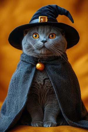 A cute cat in a Halloween costume in the studio on a bright orange background. The cat depicts a witch with pumpkins on Halloween.の素材
