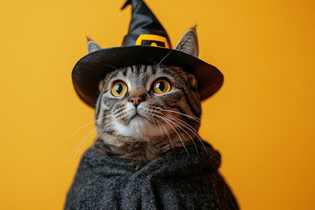 A cute cat in a Halloween costume in the studio on a bright orange background. The cat depicts a witch with pumpkins on Halloween.の素材