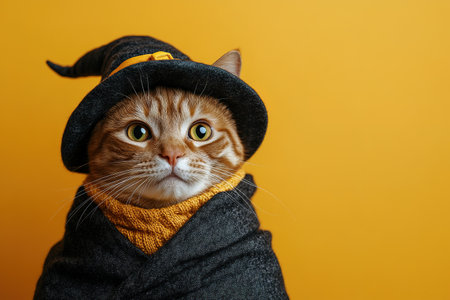 A cute cat in a Halloween costume in the studio on a bright orange background. The cat depicts a witch with pumpkins on Halloween.の素材