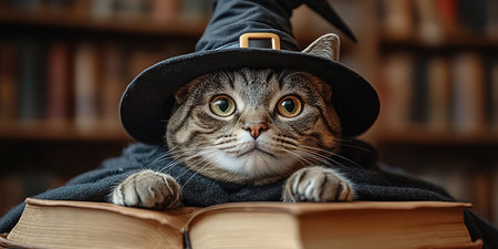 A cute cat in a Halloween costume in the studio on a bright orange background. The cat depicts a witch with pumpkins on Halloween.の素材