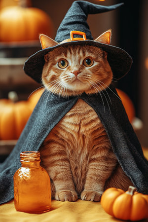 A cute cat in a Halloween costume in the studio on a bright orange background. The cat depicts a witch with pumpkins on Halloween.の素材