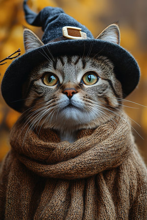 A cute cat in a Halloween costume in the studio on a bright orange background. The cat depicts a witch with pumpkins on Halloween.の素材