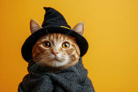 A cute cat in a Halloween costume in the studio on a bright orange background. The cat depicts a witch with pumpkins on Halloween.の素材