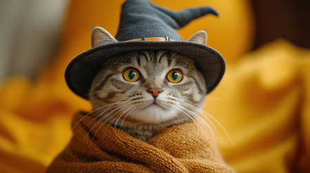 A cute cat in a Halloween costume in the studio on a bright orange background. The cat depicts a witch with pumpkins on Halloween.の素材