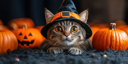 A cute cat in a Halloween costume in the studio on a dark background. The cat depicts a witch with pumpkins on Halloween.の素材