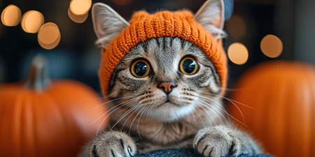A cute cat in a Halloween costume in the studio on a dark background. The cat depicts a witch with pumpkins on Halloween.の素材