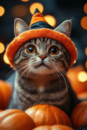 A cute cat in a Halloween costume in the studio on a dark background. The cat depicts a witch with pumpkins on Halloween.の素材