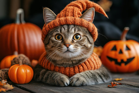 A cute cat in a Halloween costume in the studio on a dark background. The cat depicts a witch with pumpkins on Halloween.の素材