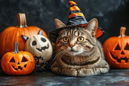 A cute cat in a Halloween costume in the studio on a dark background. The cat depicts a witch with pumpkins on Halloween.の素材