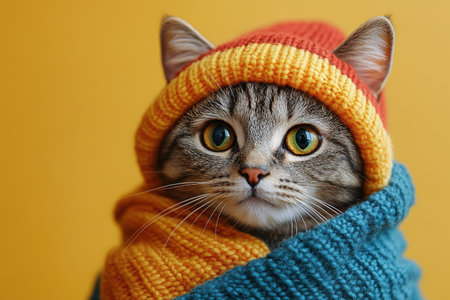 Portrait of a dressed up funny cat in a yellow knitted hat and scarf is looking up. An autumn cat in a cozy atmosphere.の素材