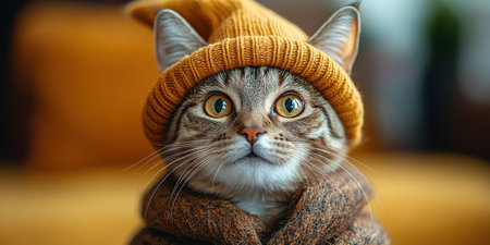 Portrait of a dressed up funny cat in a yellow knitted hat and scarf is looking up. An autumn cat in a cozy atmosphere.の素材