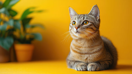 Portrait of a dressed up funny cat in a yellow knitted hat and scarf is looking up. An autumn cat in a cozy atmosphere.の素材