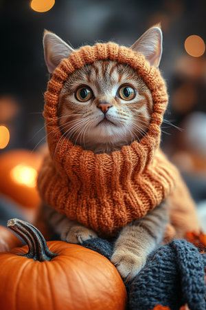 Portrait of a dressed up funny cat in a yellow knitted hat and scarf is looking up. An autumn cat in a cozy atmosphere.の素材