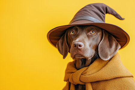 Portrait happy smiling puppy dog celebrating Halloween, carnival or new year's eve. Isolated on orange background. The dog represents a witch or wizard on Halloween.の素材