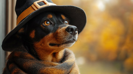 Portrait happy smiling puppy dog celebrating Halloween, carnival or new year's eve. Isolated on orange background. The dog represents a witch or wizard on Halloween.の素材