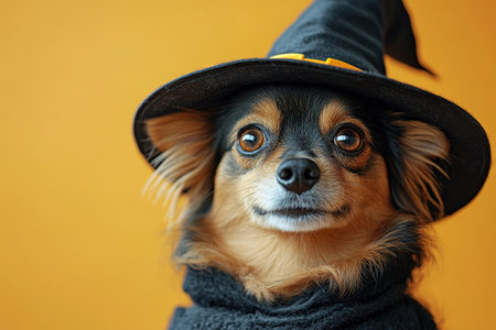 Portrait happy smiling puppy dog celebrating Halloween, carnival or new year's eve. Isolated on orange background. The dog represents a witch or wizard on Halloween.の素材