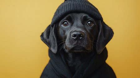 Portrait happy smiling puppy dog celebrating Halloween, carnival or new year's eve. Isolated on orange background. The dog represents a witch or wizard on Halloween.の素材