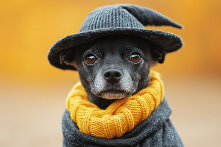 Portrait happy smiling puppy dog celebrating Halloween, carnival or new year's eve. Isolated on orange background. The dog represents a witch or wizard on Halloween.の素材