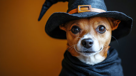 Portrait happy smiling puppy dog celebrating Halloween, carnival or new year's eve. Isolated on orange background. The dog represents a witch or wizard on Halloween.の素材