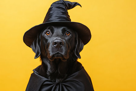 Portrait happy smiling puppy dog celebrating Halloween, carnival or new year's eve. Isolated on orange background. The dog represents a witch or wizard on Halloween.の素材