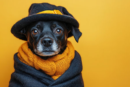 Portrait happy smiling puppy dog celebrating Halloween, carnival or new year's eve. Isolated on orange background. The dog represents a witch or wizard on Halloween.の素材