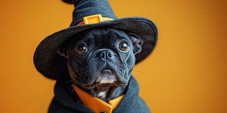 Portrait happy smiling puppy dog celebrating Halloween, carnival or new year's eve. Isolated on orange background. The dog represents a witch or wizard on Halloween.の素材
