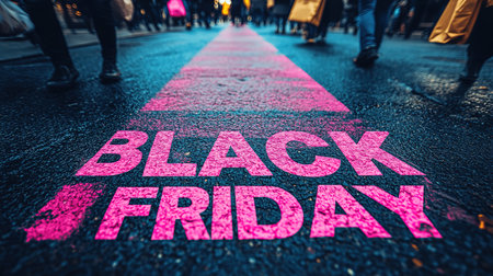 A close-up of a pink Black Friday inscription on the asphalt against a background of blurred people with colorful bags. The concept of discounts and sales.の素材