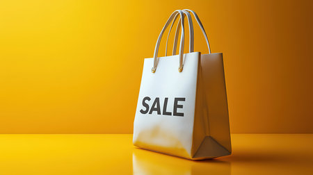 Black Friday, yellow kraft shopping bag with inscription Sale on yellow background. Black friday sale, discount, recycling, shopping and ecology concept. With copy space.の素材
