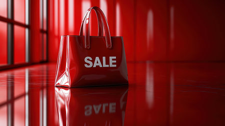 Black Friday, red kraft shopping bag with inscription Sale on red background. Black friday sale, discount, recycling, shopping and ecology concept. With copy space.の素材