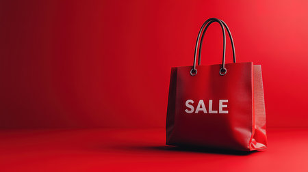 Black Friday, red kraft shopping bag with inscription Sale on red background. Black friday sale, discount, recycling, shopping and ecology concept. With copy space.の素材