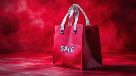 Black Friday, red kraft shopping bag with inscription Sale on red background. Black friday sale, discount, recycling, shopping and ecology concept. With copy space.の素材