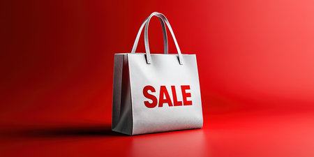 Black Friday, red kraft shopping bag with inscription Sale on red background. Black friday sale, discount, recycling, shopping and ecology concept. With copy space.の素材