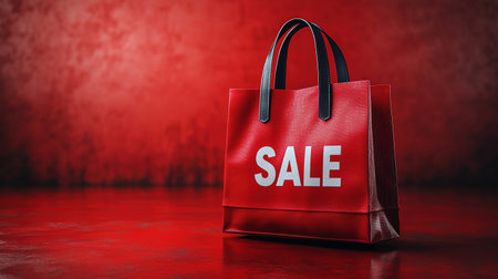 Black Friday, red kraft shopping bag with inscription Sale on red background. Black friday sale, discount, recycling, shopping and ecology concept. With copy space.の素材