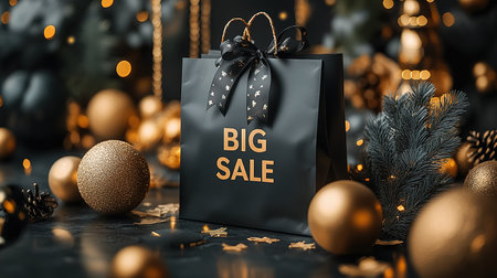 Black Friday, black and gold kraft shopping bag with inscription Big Sale on dark background. Black friday sale, discount, recycling, shopping and ecology concept. With copy space.の素材