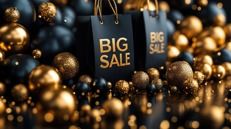 Black Friday, black and gold kraft shopping bag with inscription Big Sale on dark background. Black friday sale, discount, recycling, shopping and ecology concept. With copy space.の素材