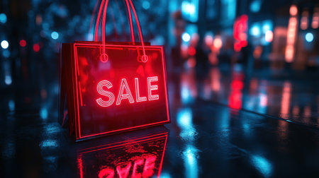 Hot sale. Red shopping bags in air on blue gradient background, space for text. Black Friday, red kraft shopping bag with inscription Sale on blue background. With copy space.の素材