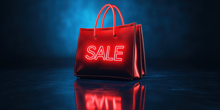 Hot sale. Red shopping bags in air on blue gradient background, space for text. Black Friday, red kraft shopping bag with inscription Sale on blue background. With copy space.の素材