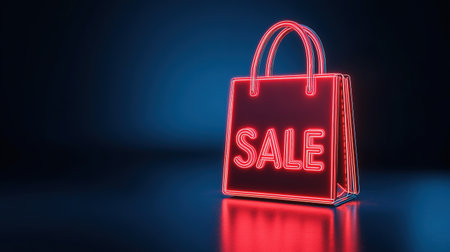 Hot sale. Red shopping bags in air on blue gradient background, space for text. Black Friday, red kraft shopping bag with inscription Sale on blue background. With copy space.の素材