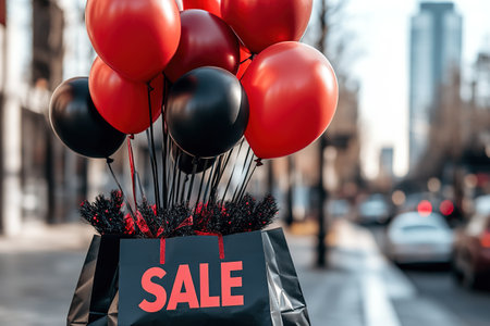 Black Friday, red kraft shopping bag with inscription Sale on red background. Black friday sale, discount, recycling, shopping and ecology concept. With copy space.の素材